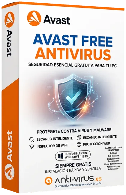 Caja blanca de Avast Free Antivirus con escudo digital, análisis Wi-Fi y protección web gratuita