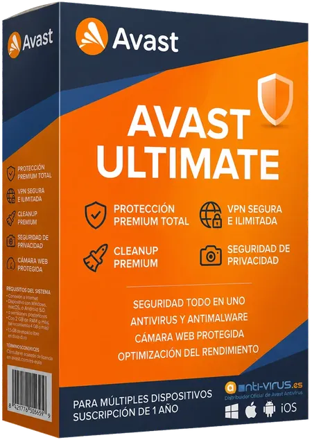 Caja de Avast Ultimate con el logotipo actual, VPN, privacidad y optimización para múltiples dispositivos