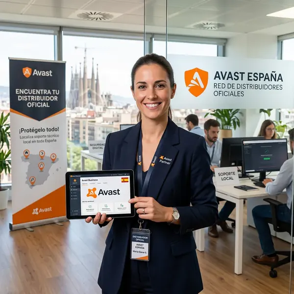 Asesora de la red oficial mostrando la consola Avast Business junto a un equipo de soporte local en España