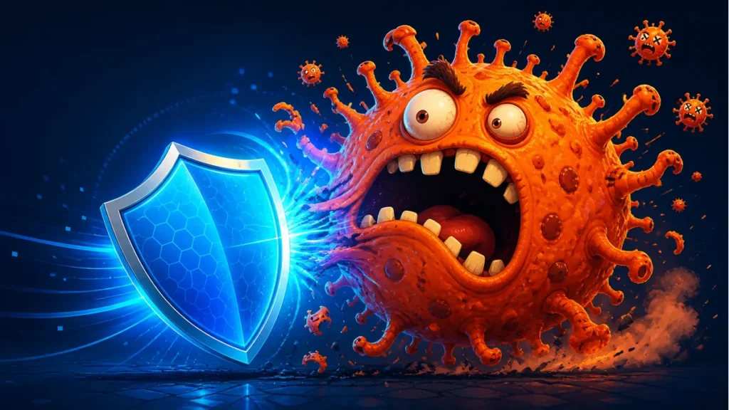 Escudo antivirus derrotando de forma humorística a un enorme virus informático