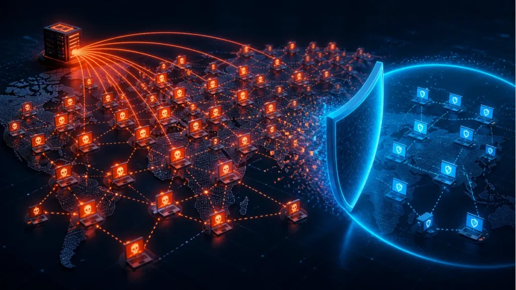 Red de ordenadores zombis creciendo bajo el control de una botnet