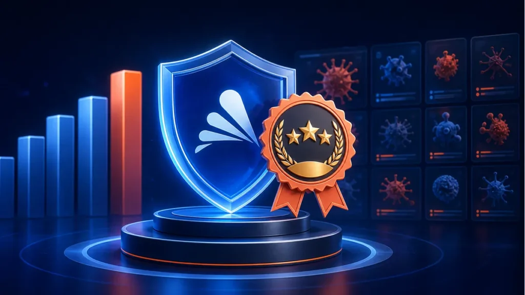 Escudo antivirus recibiendo la máxima calificación Advanced Plus en una comparativa