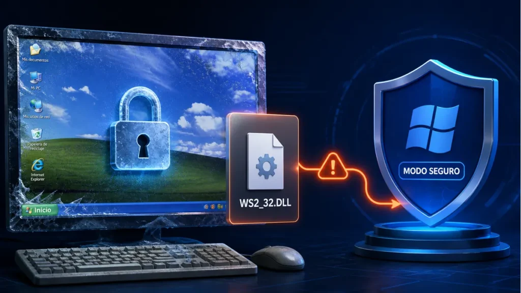 Escritorio de Windows bloqueado durante la incidencia con el archivo WS2_32.DLL