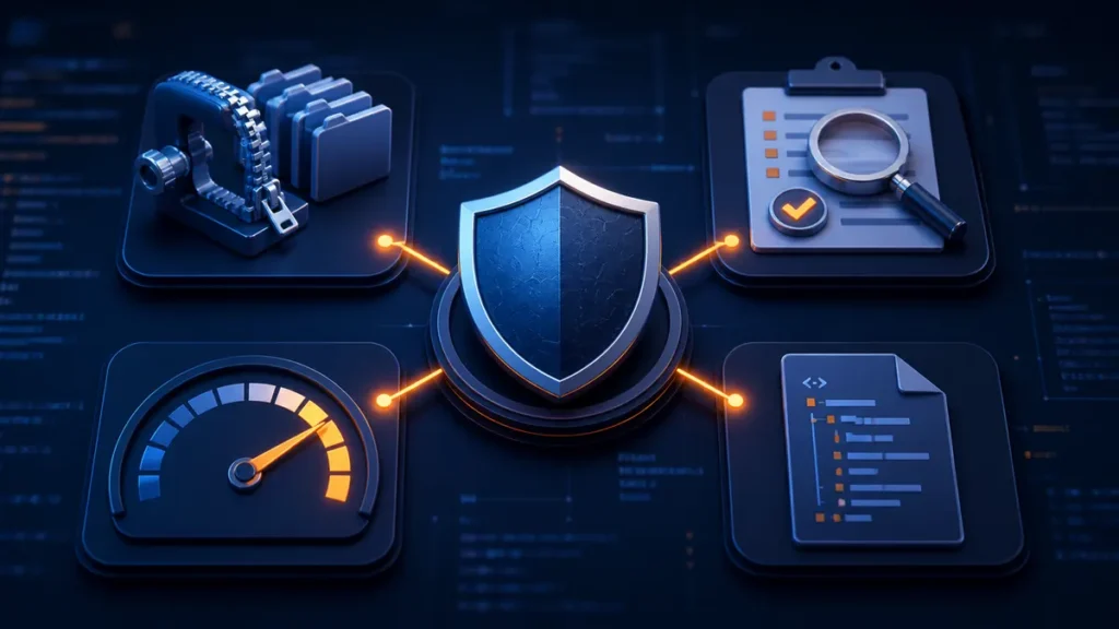 Escudo antivirus conectado a un desempaquetador, un indicador de velocidad y un informe estructurado