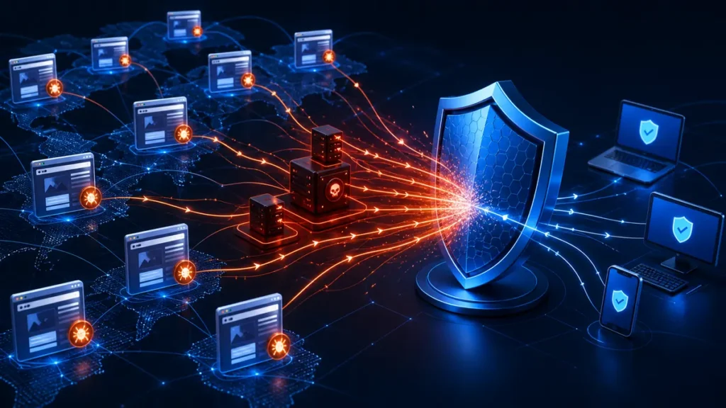 Red mundial de sitios web comprometidos que redirigen ataques JavaScript hacia un escudo de protección