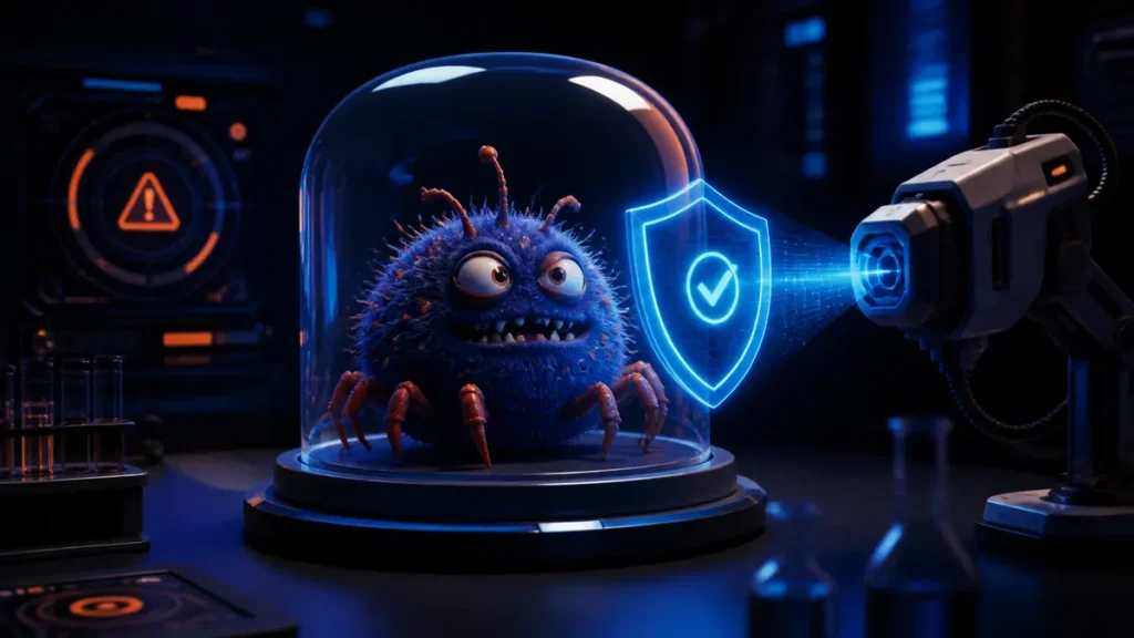 Malware de aspecto curioso analizado dentro de un laboratorio digital por un escudo antivirus