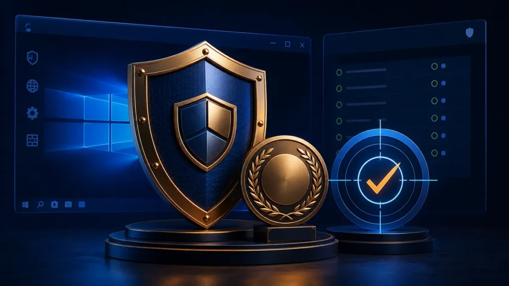 Escudo antivirus premiado junto a un objetivo de detección precisa en un sistema de escritorio