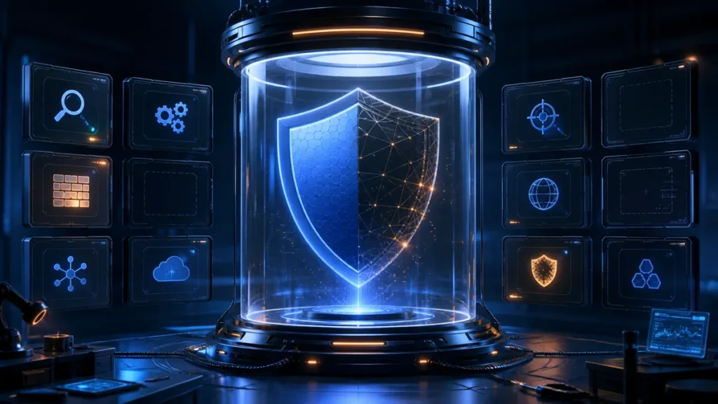Escudo antivirus experimental dentro de una cámara de pruebas con módulos aún incompletos