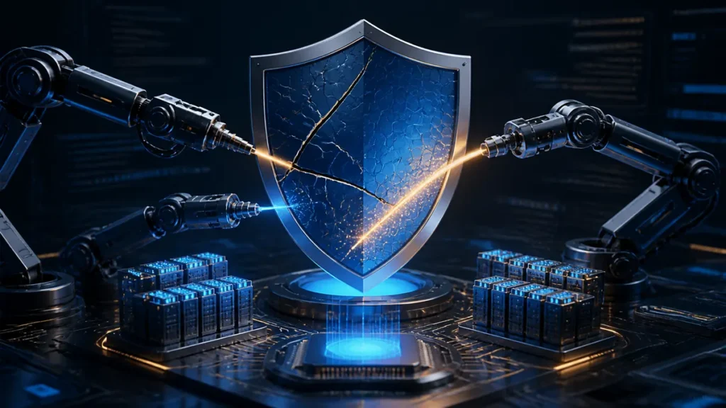 Escudo antivirus reparado mediante herramientas digitales durante una actualización de seguridad