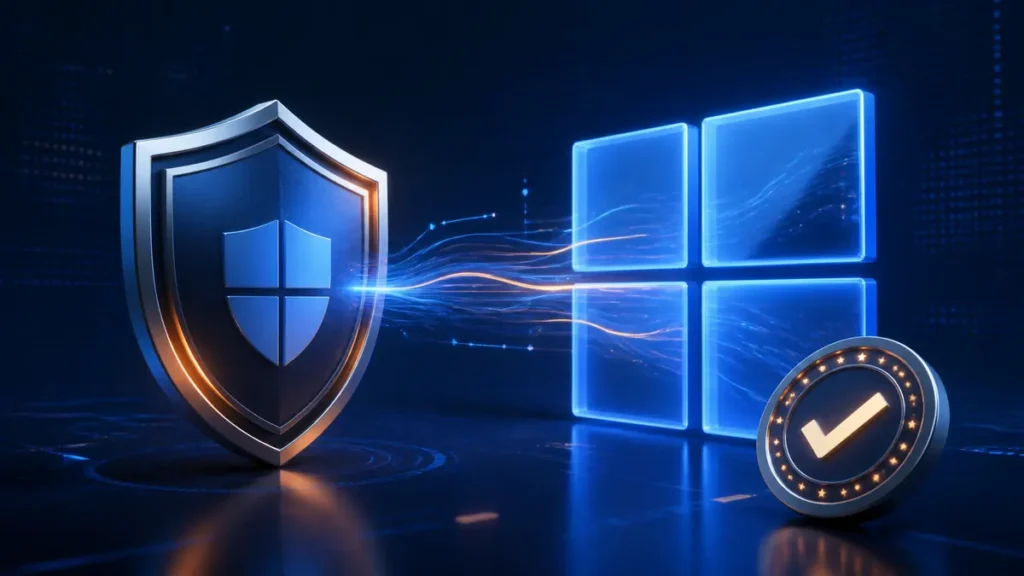 Escudo de seguridad conectado a una ventana de sistema con un sello de compatibilidad verificada