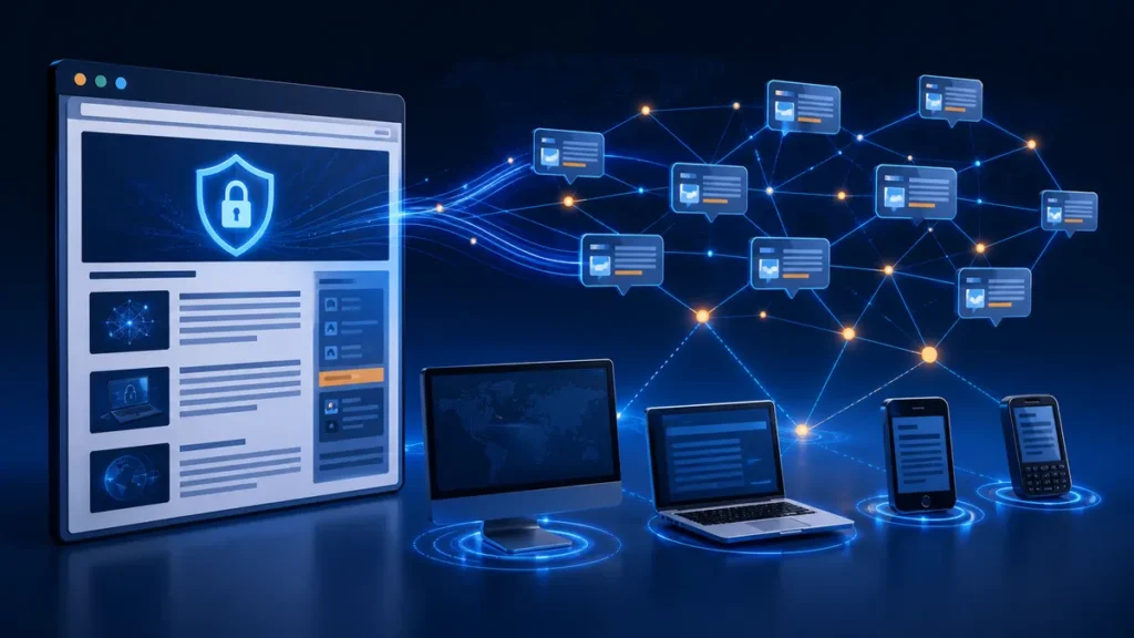 Artículos de un blog de ciberseguridad distribuidos a una red de lectores y dispositivos