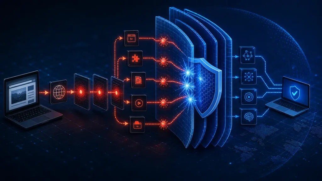 Cadena de infección de un exploit pack bloqueada por varias capas de protección digital