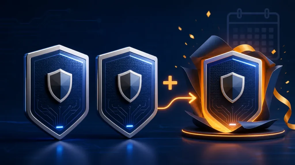 Tres escudos de licencia antivirus que representan la promoción histórica de dos años más uno adicional