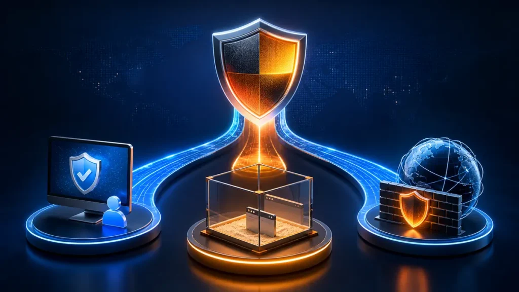 Escudo digital que se divide en protección gratuita, sandbox y seguridad de Internet con cortafuegos