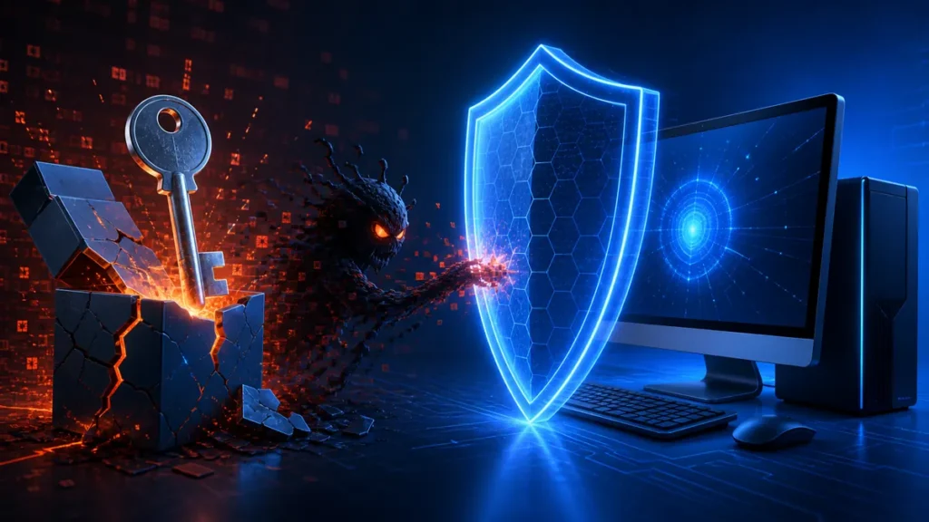 Generador de claves malicioso intentando instalar un troyano y bloqueado por un escudo digital