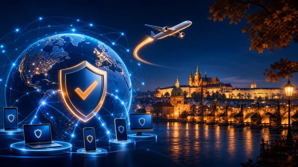 Red mundial de equipos protegidos conectada con un viaje en avión a la ciudad de Praga