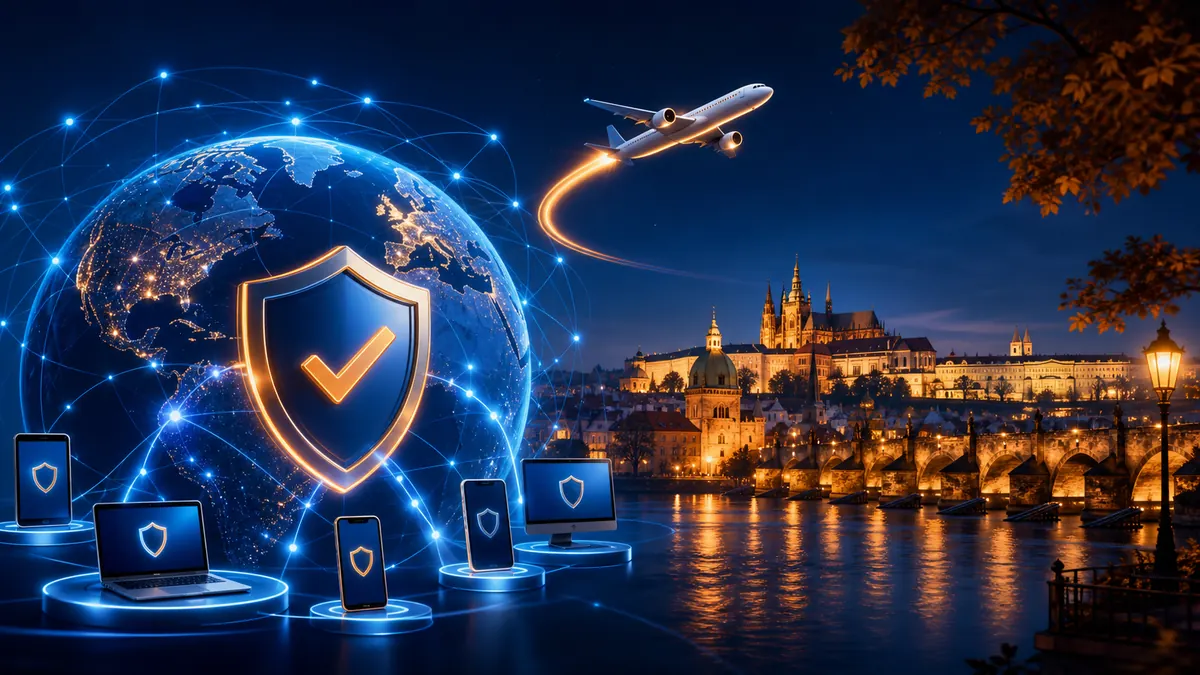 Red mundial de equipos protegidos conectada con un viaje en avión a la ciudad de Praga
