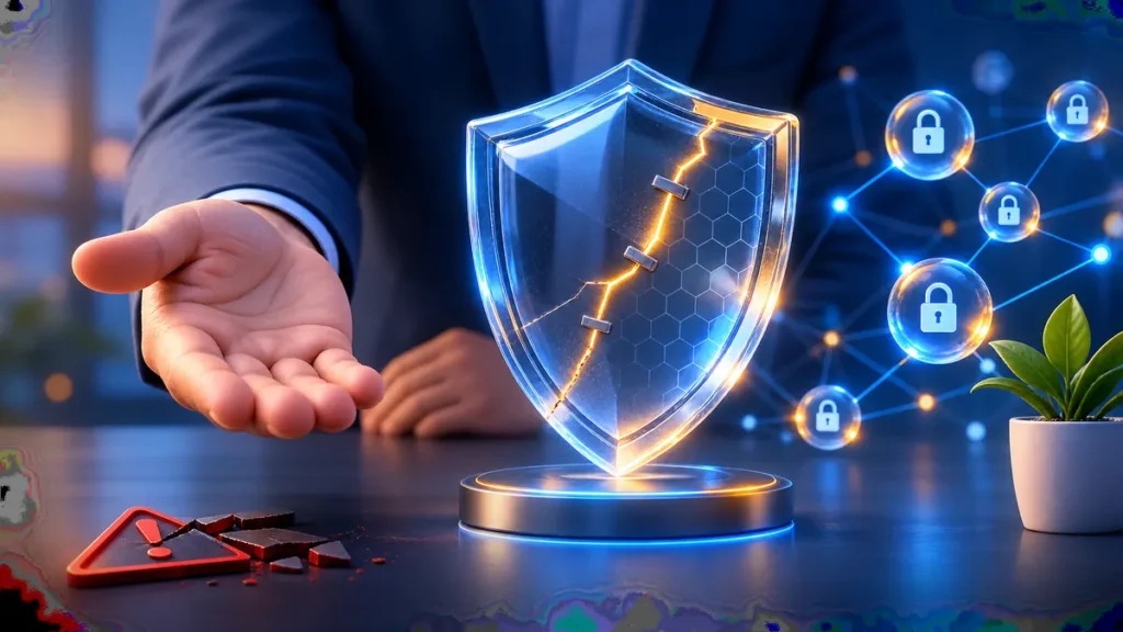 Escudo digital reparado como símbolo de las disculpas públicas y la recuperación de la confianza