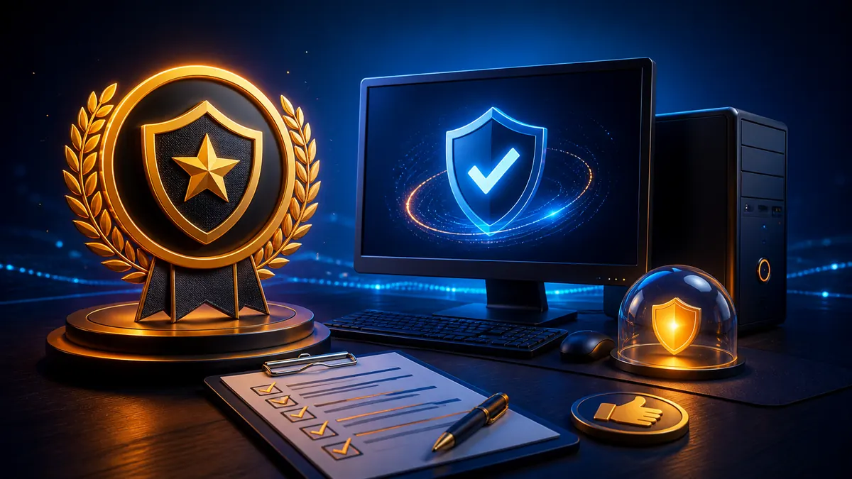 Ordenador protegido junto a una insignia editorial que representa la recomendación de un antivirus gratuito