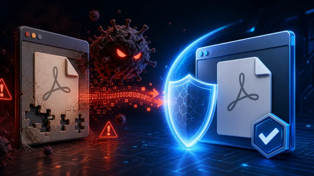 Lector PDF desactualizado expuesto a malware frente a una versión protegida