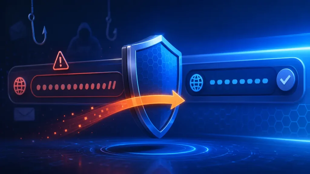 Escudo corrigiendo una dirección web errónea antes de acceder a una página maliciosa