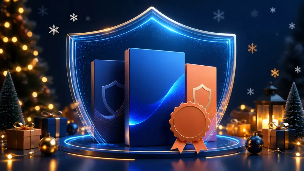 Productos antivirus protegidos por un escudo en un entorno navideño
