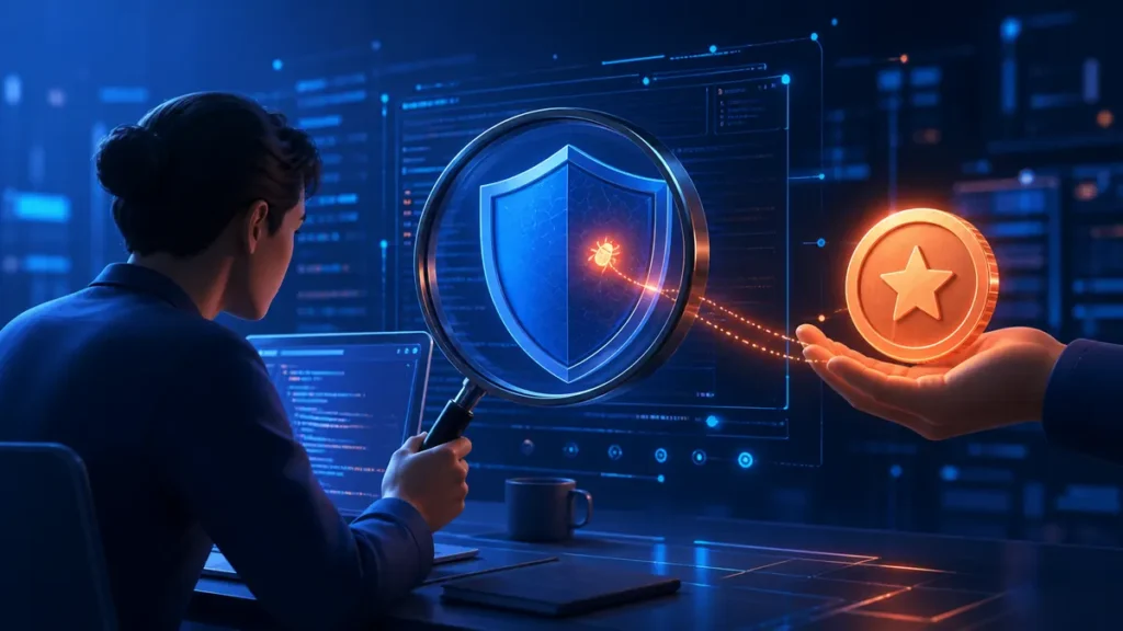 Investigadora examinando un fallo de seguridad junto a una recompensa digital