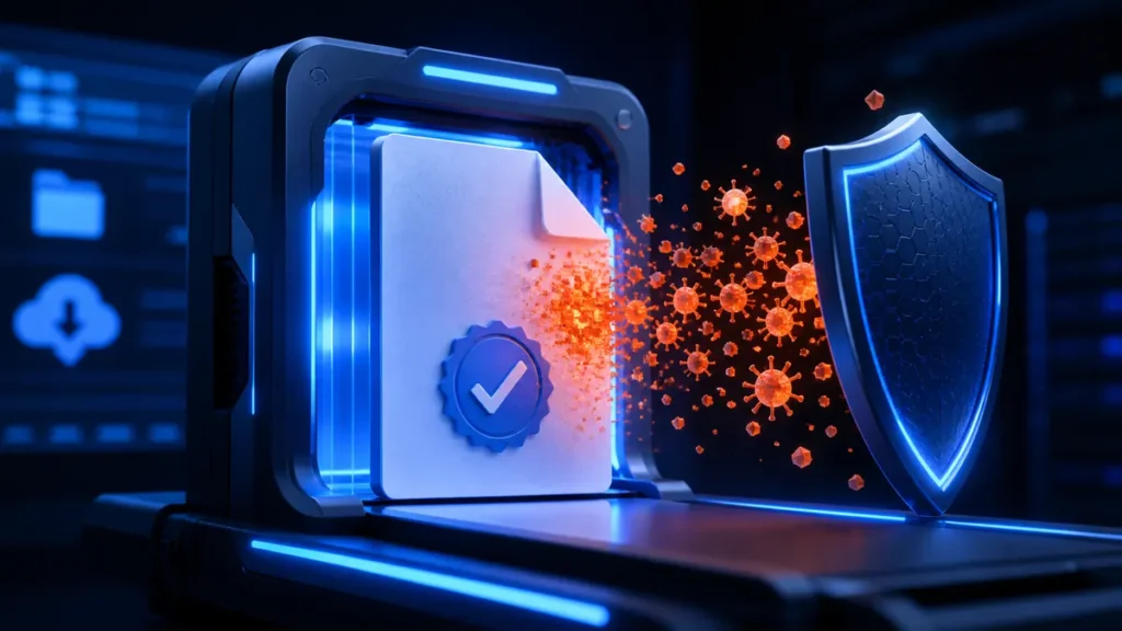 Escáner digital detectando restos de malware en un archivo descargado