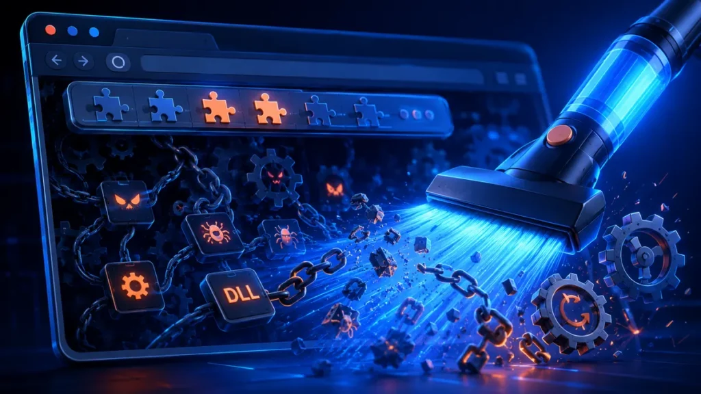 Herramienta de limpieza eliminando barras persistentes y grayware del navegador