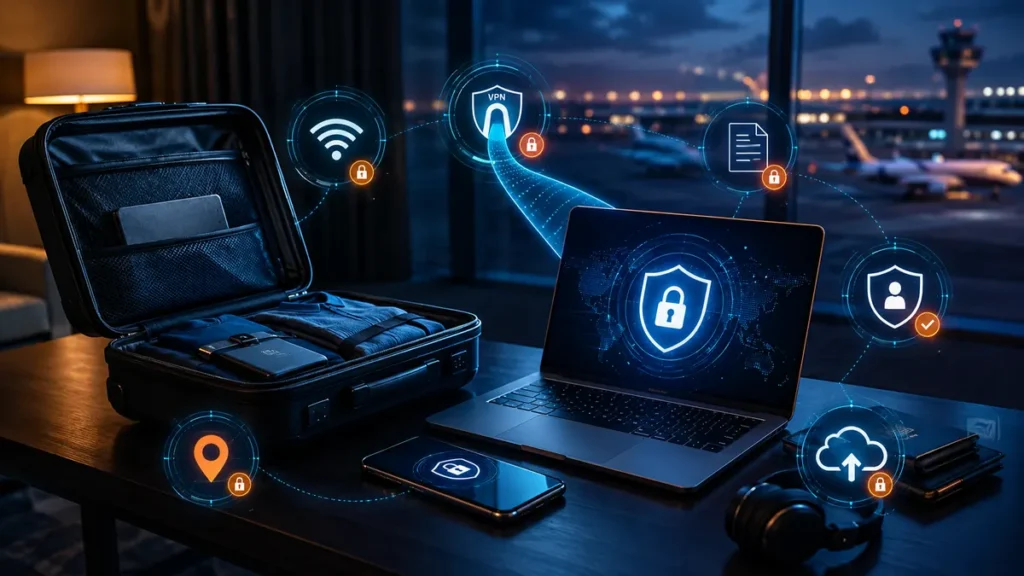 Portátil y móvil protegidos durante un viaje con VPN, Wi-Fi seguro y copia de seguridad