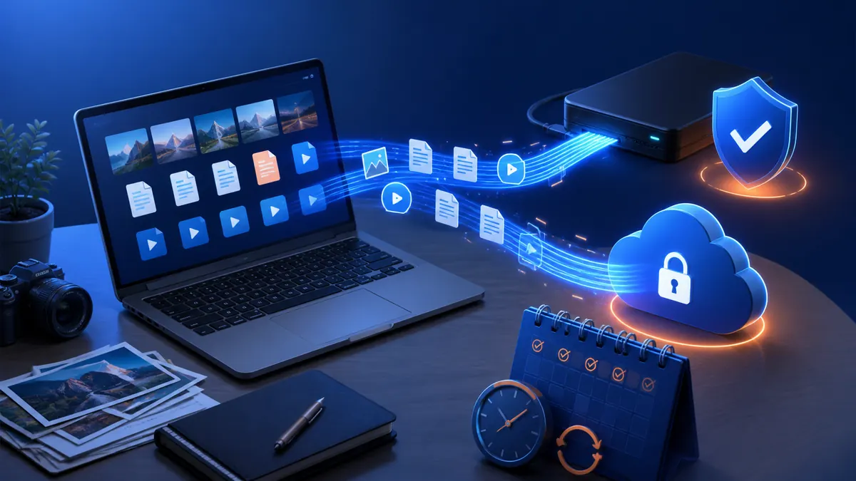 Archivos personales copiándose de forma segura a un disco externo y a la nube