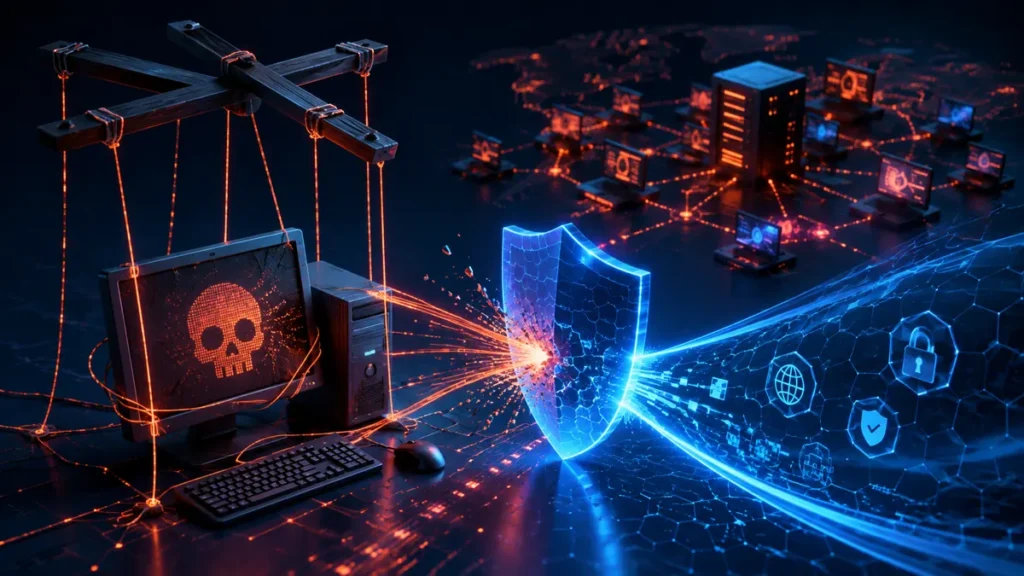 Ordenador zombi controlado por una botnet mientras un escudo corta la conexión maliciosa