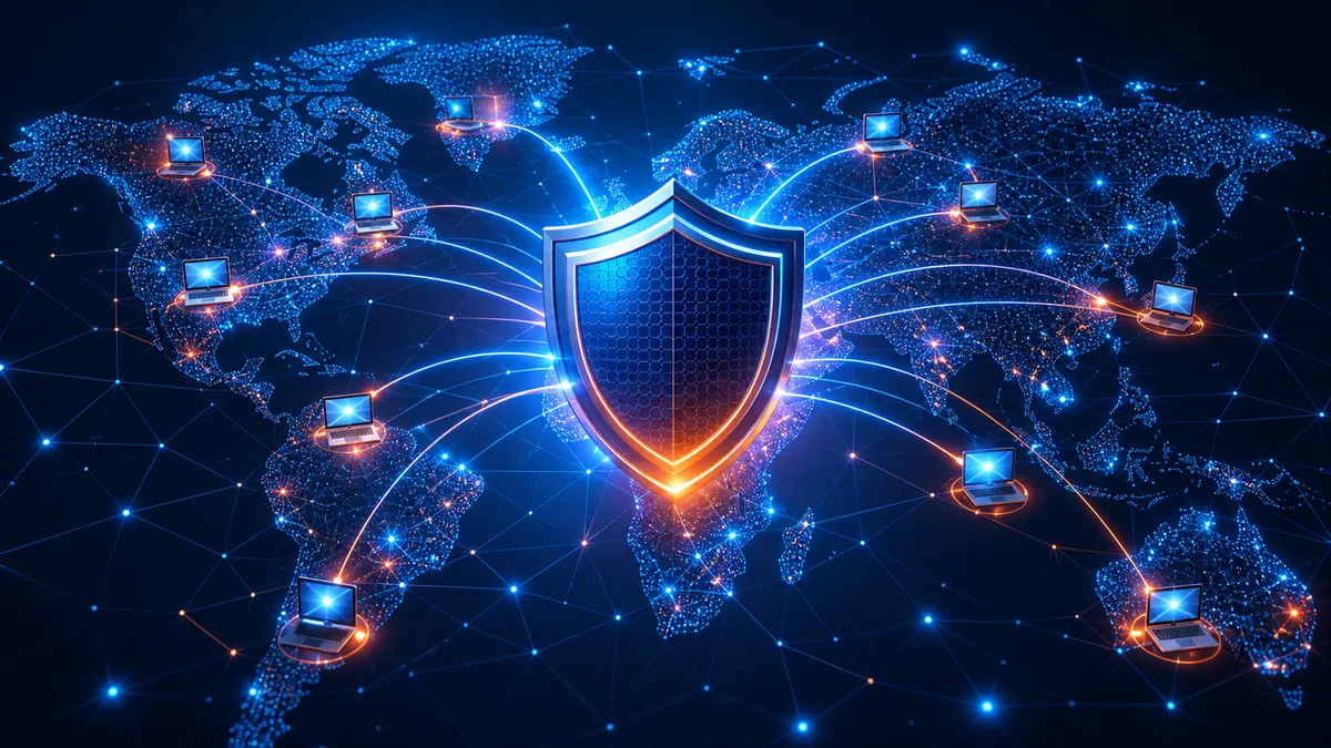 Red mundial de ordenadores conectada a un escudo de protección antivirus