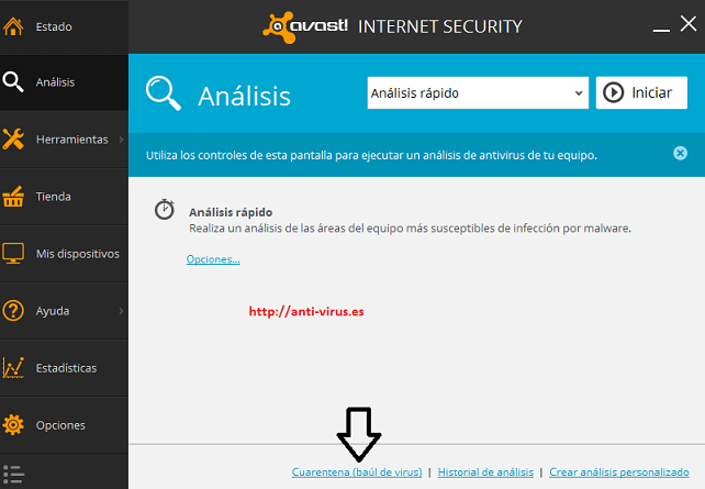 Avast baúl de virus cuarentena