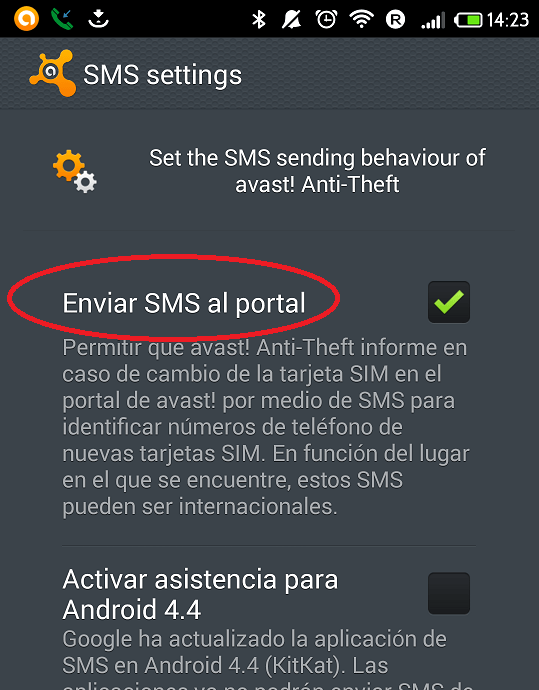 Avast Anti-Theft enviar sms al portal