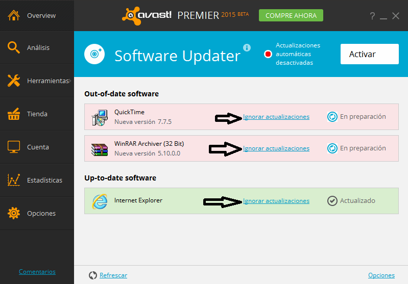 Software Updater ignorar programa