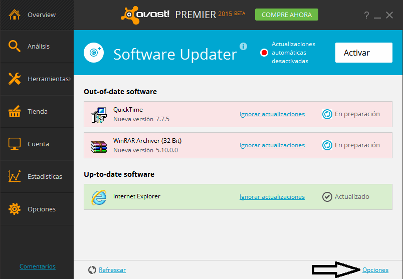 Opciones de Software Updater