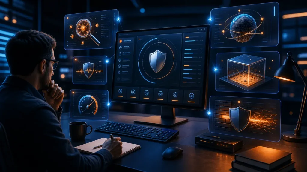 Analista revisando protección, rendimiento, cortafuegos, sandbox y otros módulos de Avast 5