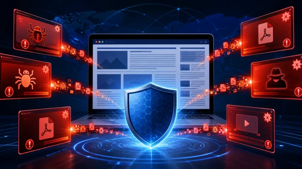Anuncios de una web legítima intentando inyectar código malicioso bloqueado por un escudo