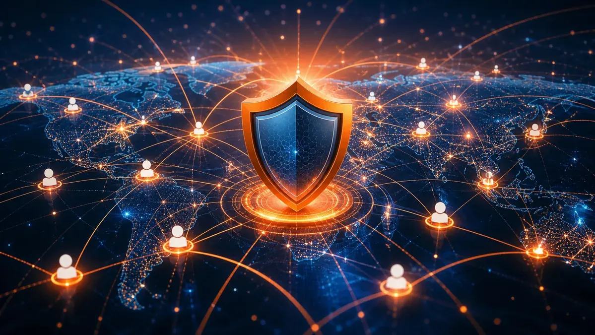 Red mundial de usuarios conectados alrededor de un escudo de seguridad