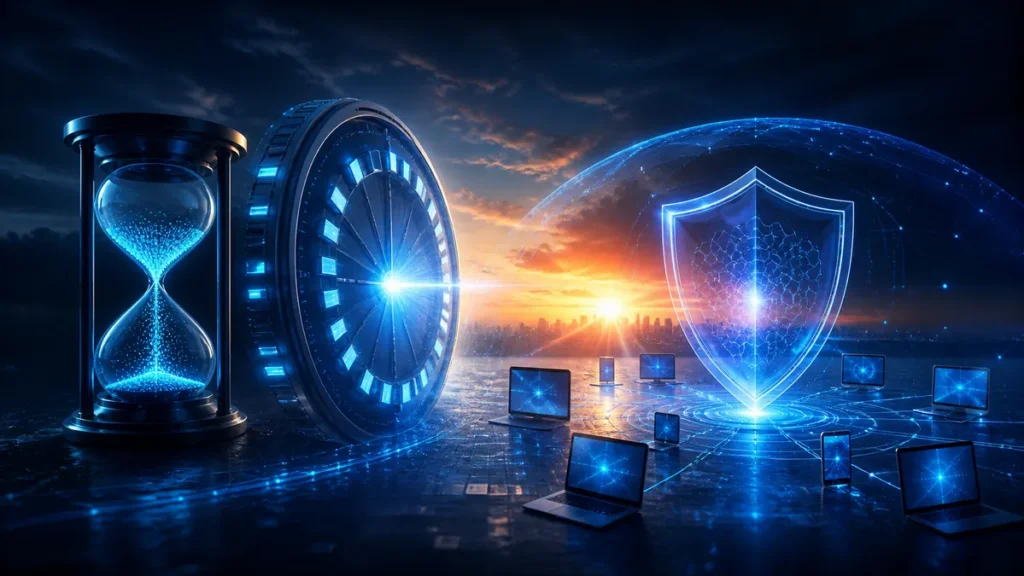 Cuenta atrás finalizando mientras una nueva protección antivirus aparece sobre varios equipos