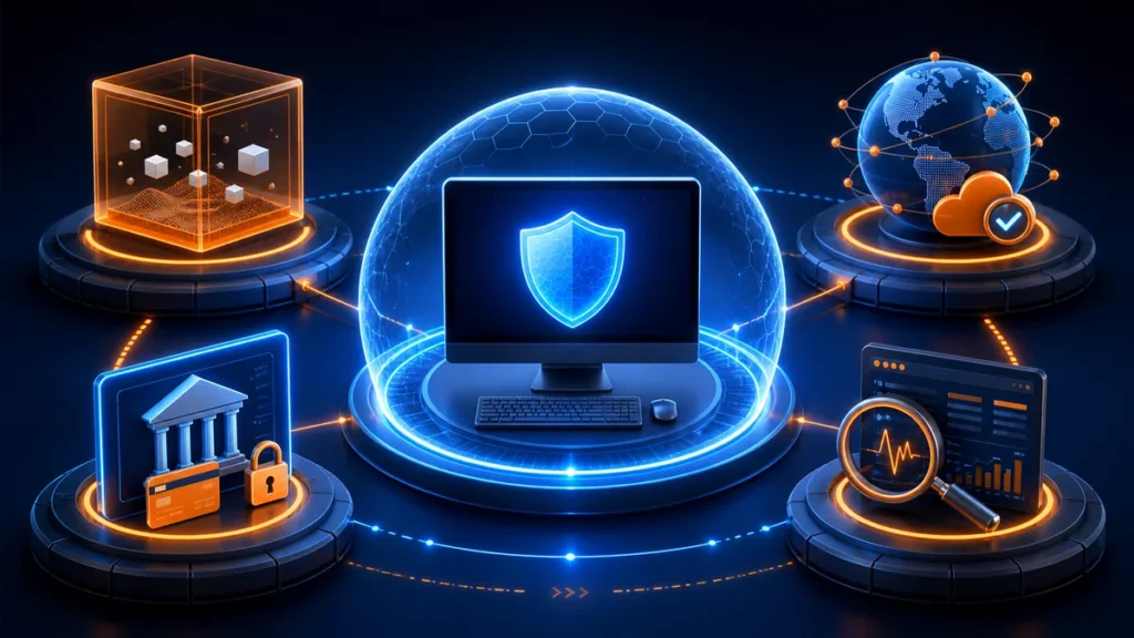 Ordenador protegido rodeado por módulos de seguridad de Avast 6