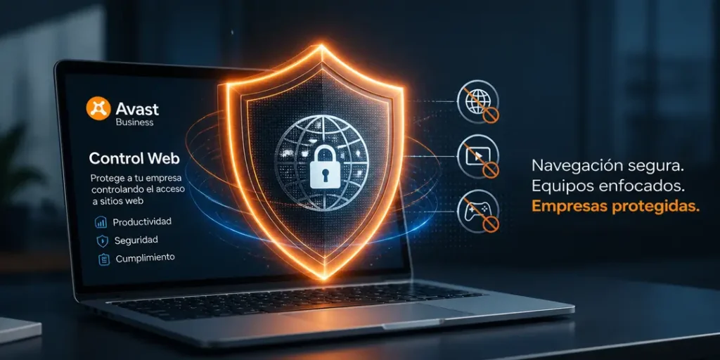 Portátil protegido por Avast Business Control Web con un escudo sobre la navegación empresarial
