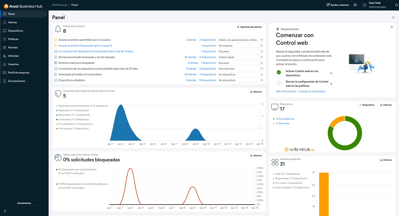 Vista centralizada con alertas, amenazas, control web y estado de los equipos gestionados