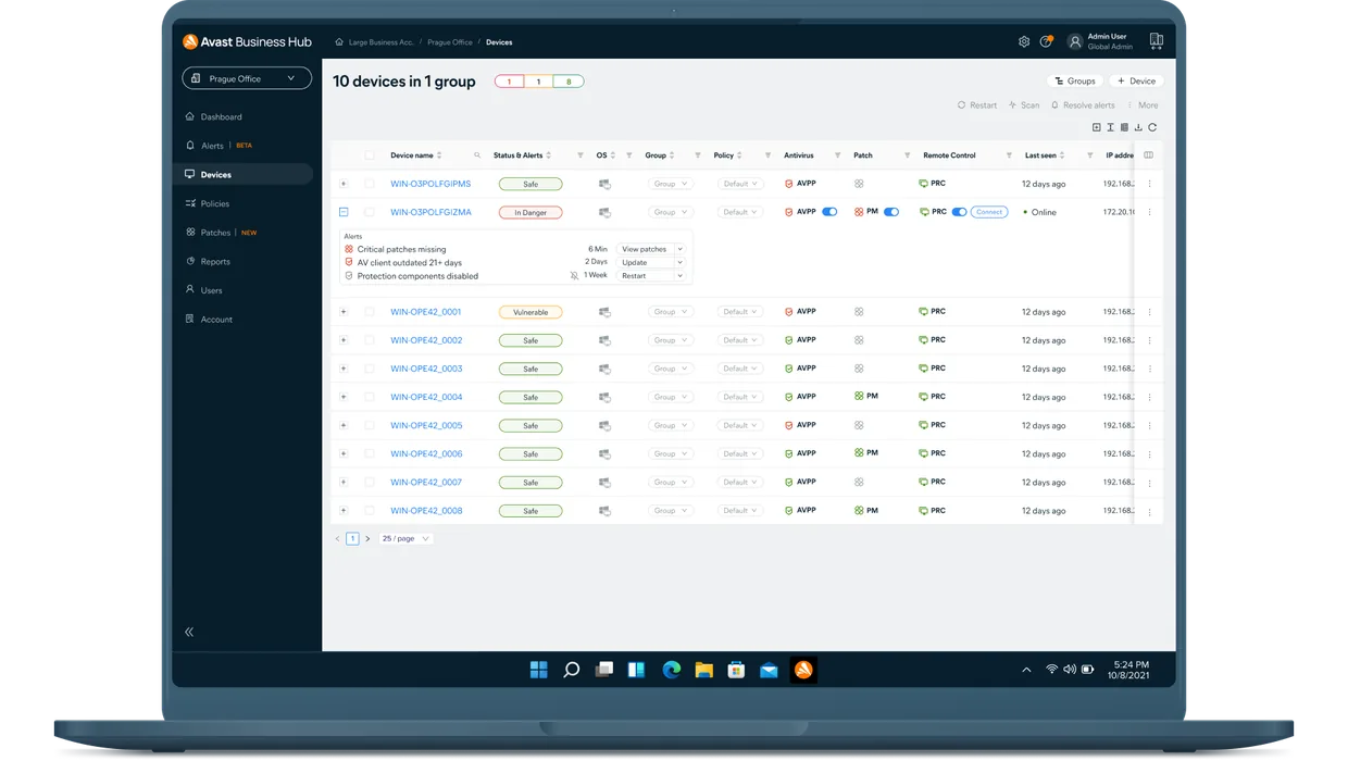 Inventario de endpoints con estado, sistema operativo y acciones remotas disponibles