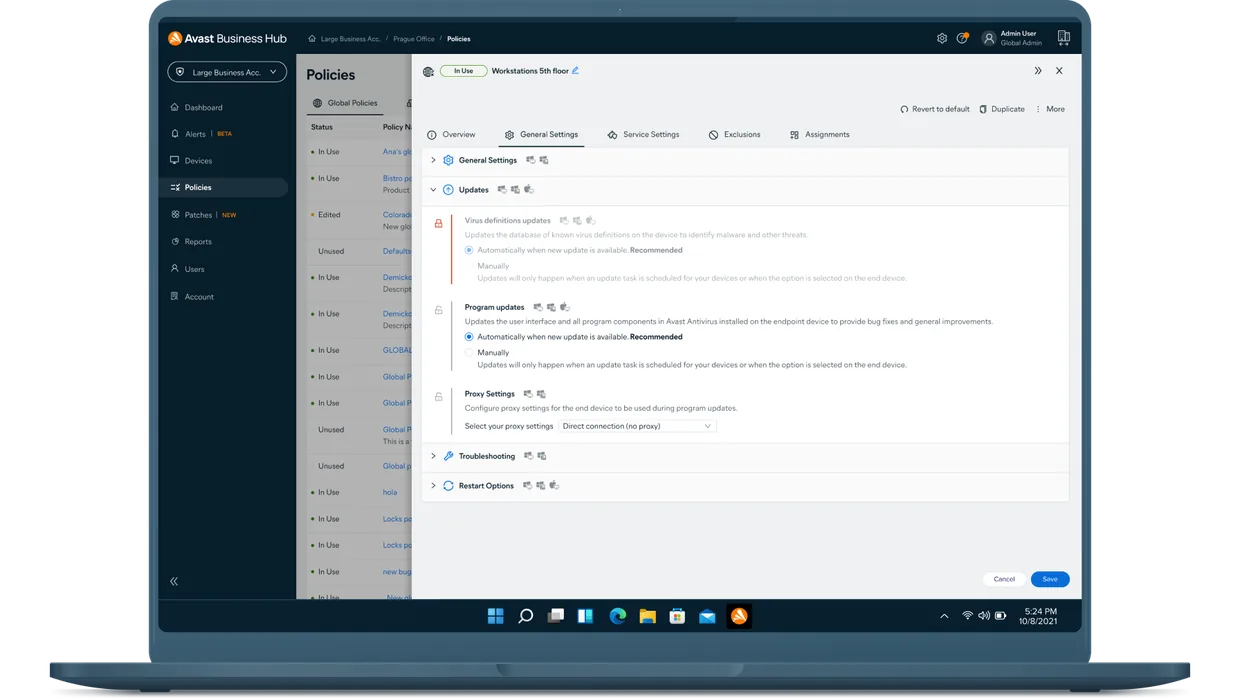 Opciones para personalizar actualizaciones, proxy y comportamiento de los agentes