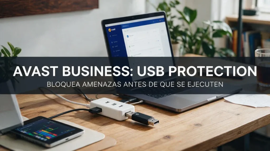 Portátil empresarial protegido con Avast Business y un dispositivo USB conectado