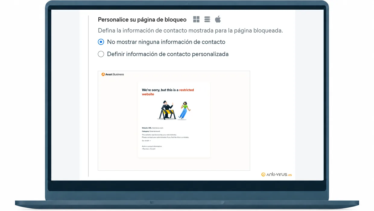 Configuración de la página de bloqueo personalizada mostrada dentro de un portátil con Avast Business Control Web