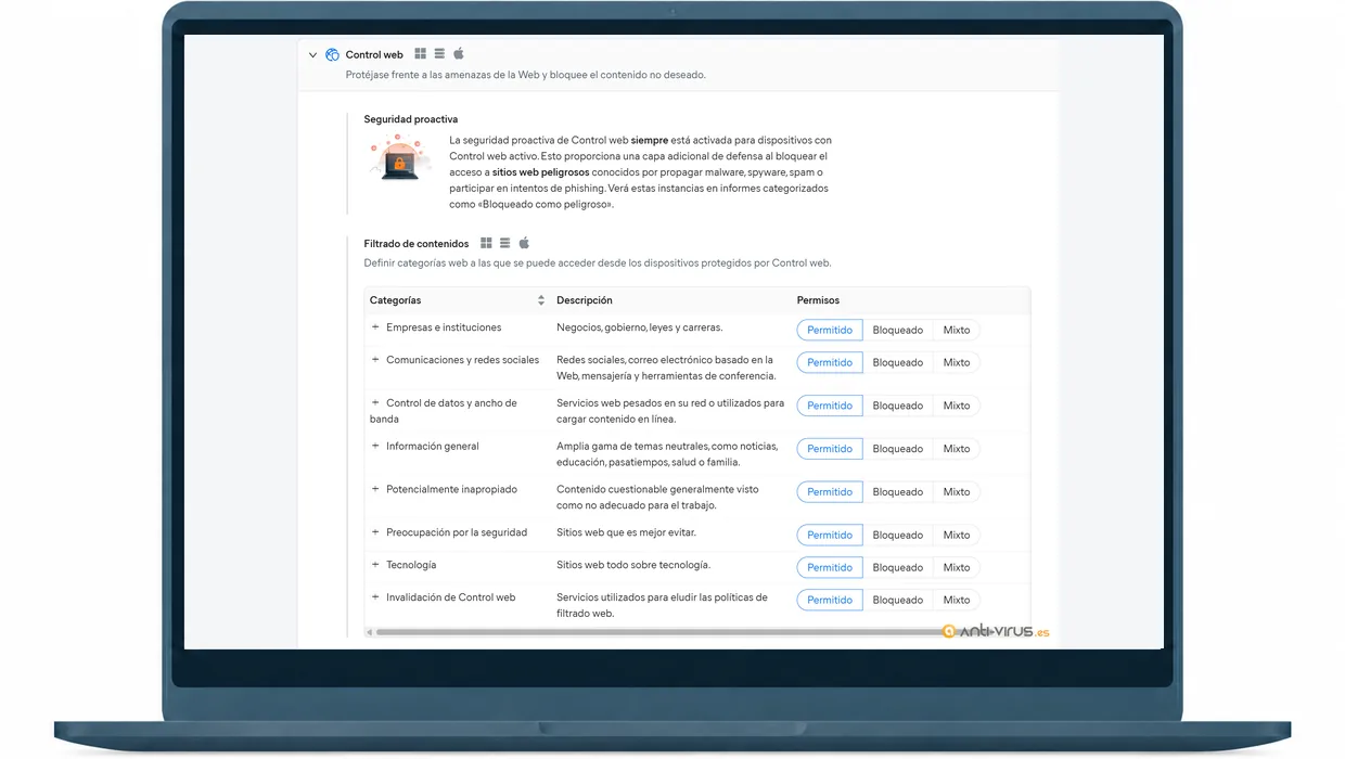 Configuración de categorías permitidas, bloqueadas o mixtas de Avast Business Control Web en un portátil