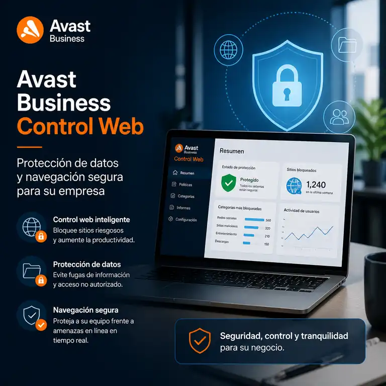 Panel de Avast Business Control Web con protección de datos, filtrado de sitios y navegación segura para empresas